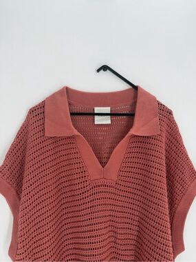Varley Otto Open Knit Cotton Polo V Neck Sweater Top In Rose